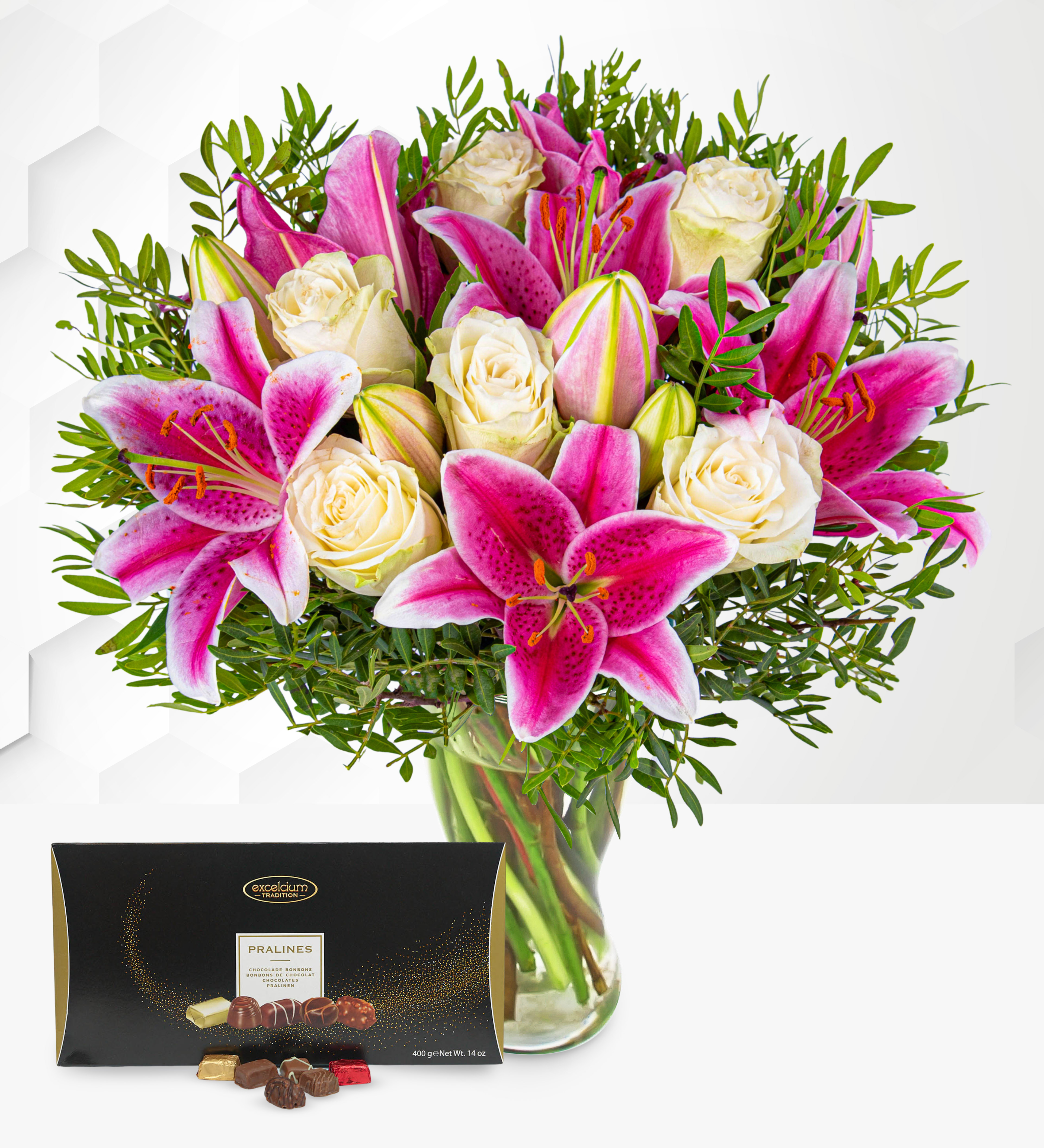 Pink Lilies & Roses with Luxury Chocolates | Prestige Flowers